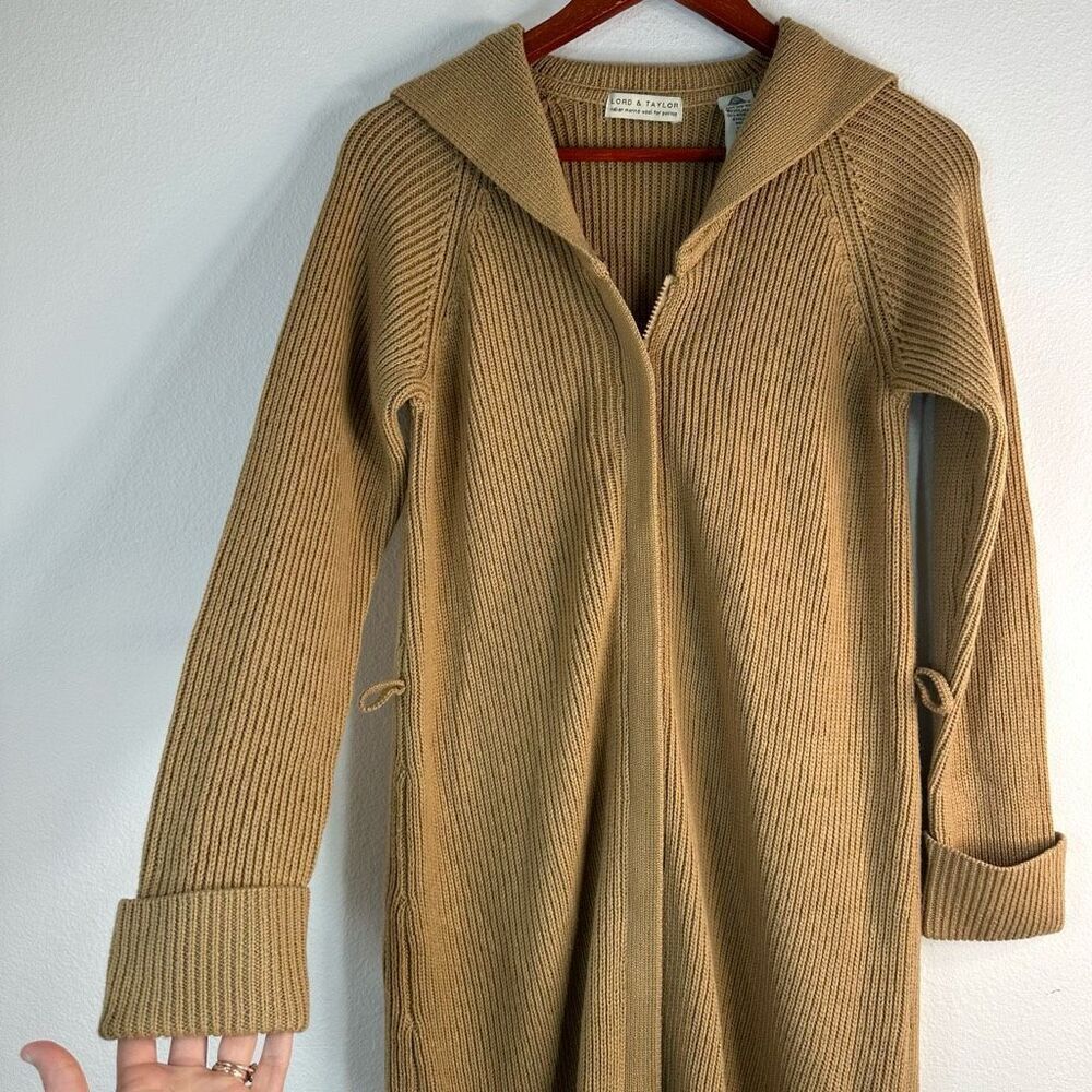 Vintage Lord & Taylor Merino Wool Tan Ribbed Knit Duster Cardigan Sweater Jacket - Picture 3 of 8